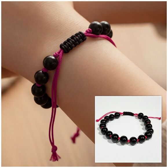 Handmade Jewelry - Black Beaded Bracelet Pink Adjustable Handmade Boho